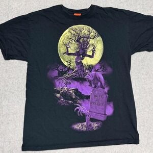Happy Halloween Black Purple Graveyard Graphic T-Shirt Unisex Large